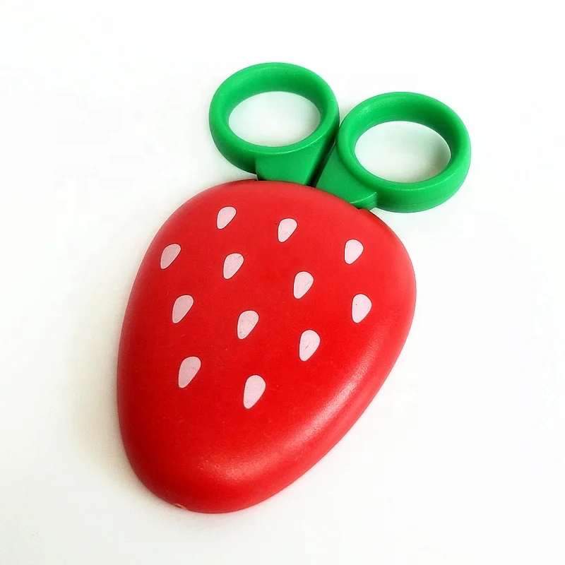 Strawberry shape children scissor with magnetic cover green color handle with magnet cover scissor for student scissors