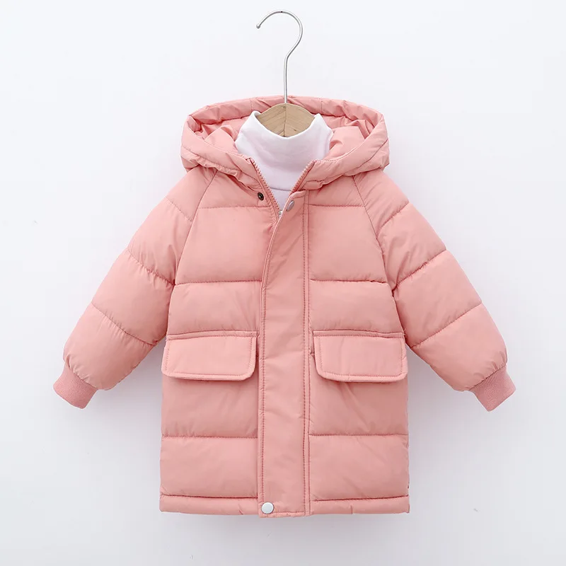 New children padded jacket medium long outwear solid kids winter clothing 100-150 cm cotton down boys girls coat with hooded