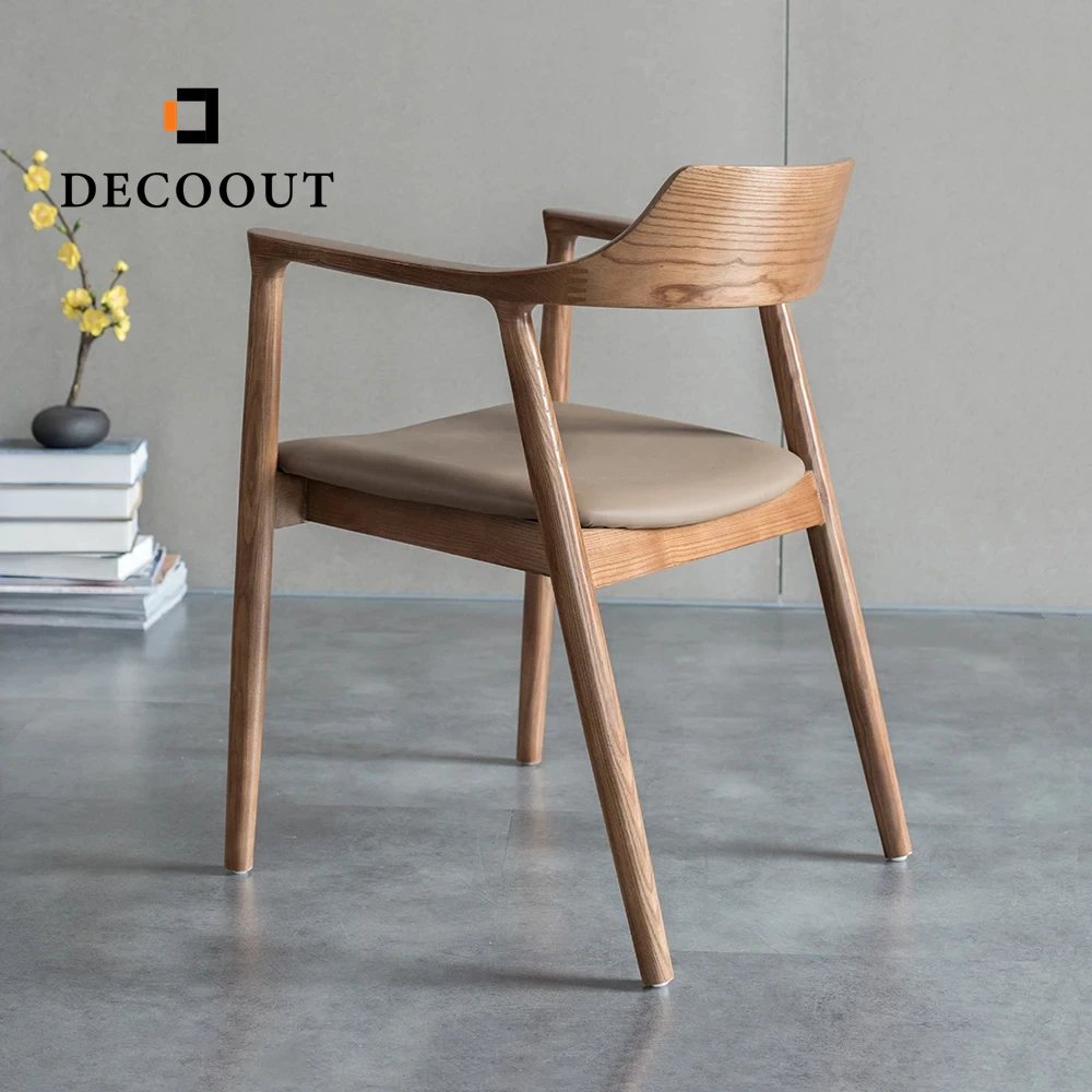 Decoout Elegant Scandinavian Style Hiroshima Dining Chair Nordic Solid Ash Wooden PU Leather Restaurant Dining Chair