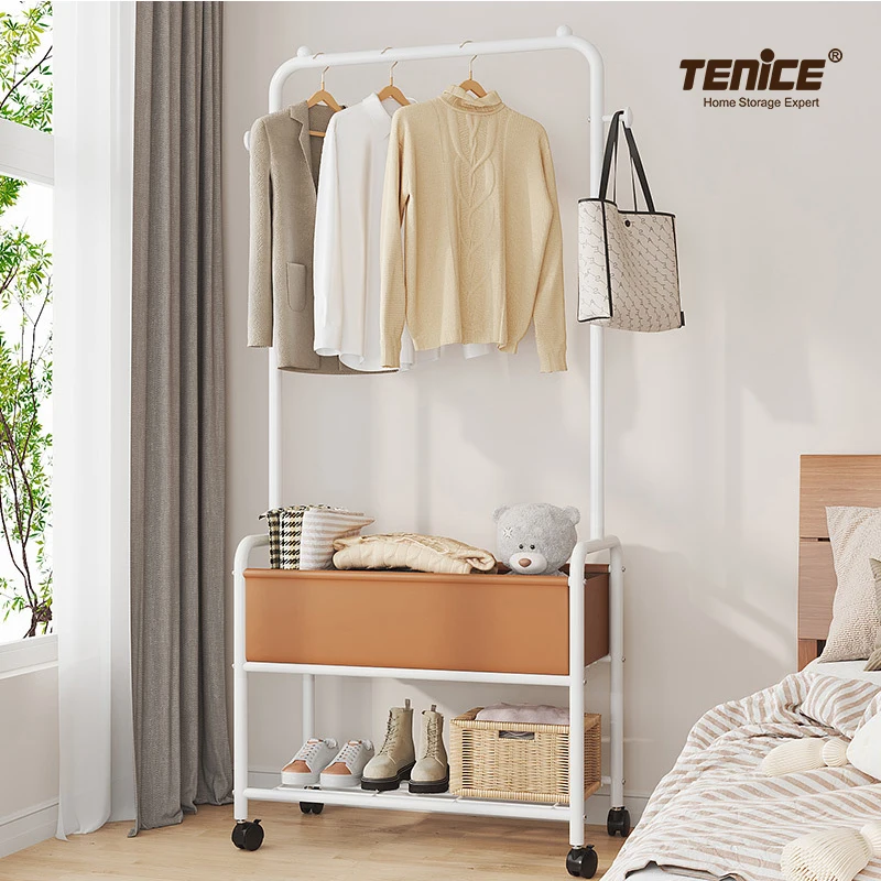 Tenice 2 tier Free Standing Metal Clothing Hanging Shelf Garment Rack With 1 Storage Basket 4 wheels for home organization