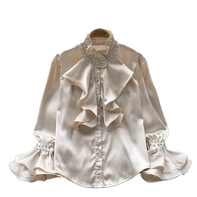 2023 осенне-зимняя новая стильная французская Ретро рубашка Женская стройнящая темпераментная блузка с бисером женские свободные топы рубашки