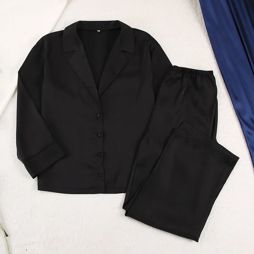 OOTN женский однобортный брючный костюм с длинным рукавом и широкими штанинами сексуальный повседневный наряд низким вырезом большого размера из сатина шелка комплект 2 предметов