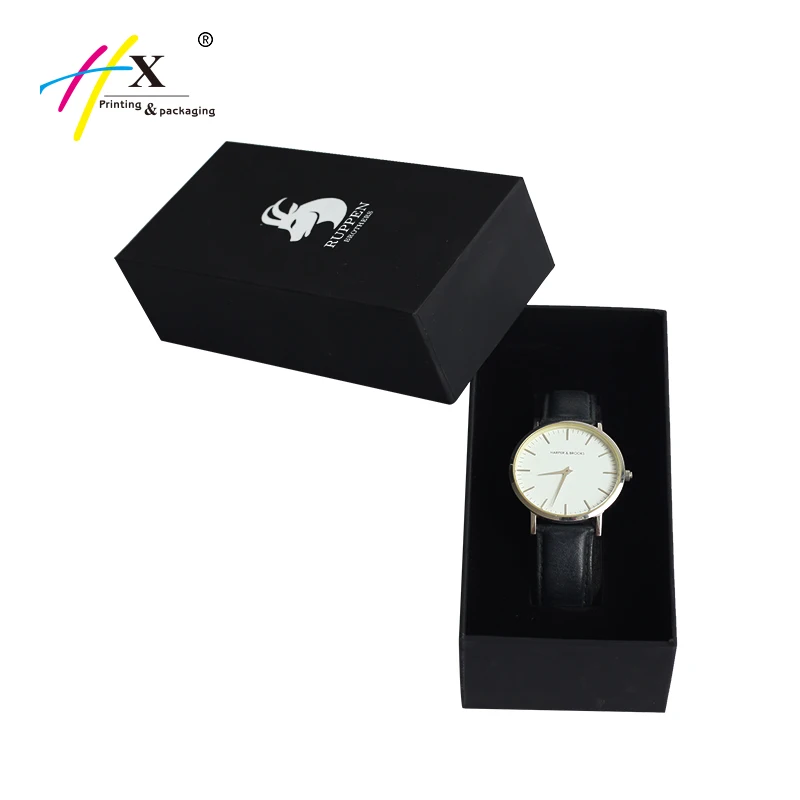 Custom Logo Printed Luxury Black Touch Paper Cardboard Packing Watch Gift Box Watch Box Packaging Box For Watches With Eva Inlay