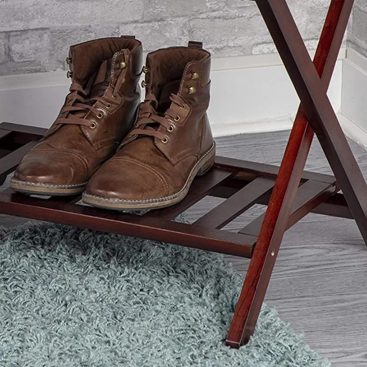 Wholesale Eco-Friendly Sturdy Multifunctional Fold Light Oak Suitcase Rack With 4 Nylon Straps