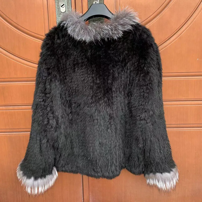 2024 Women Knitted Real Rabbit Fur Poncho Autumn Winter Genuine Fur Cape With Real Fox Fur Trimming