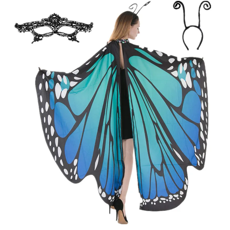 Creations Butterfly Wing Cape Shawl with Lace Mask and Black Velvet Antenna Headband for Halloween Costume Accessory