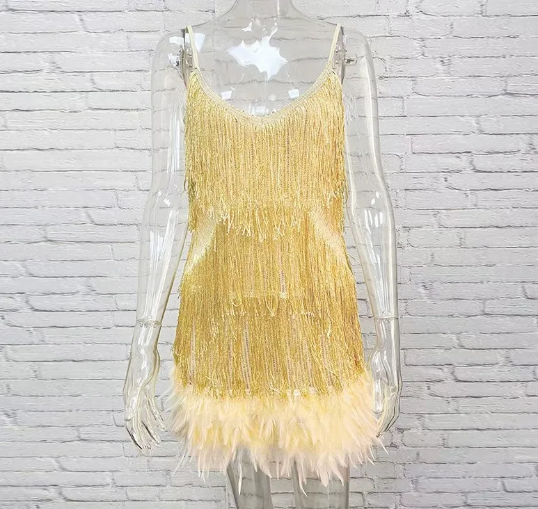 2023 Summer Sling Dress Tassel Sequins Feather Stitching Solid Color Shoulder Strap Short Dress Sexy Party Dress Clubwear