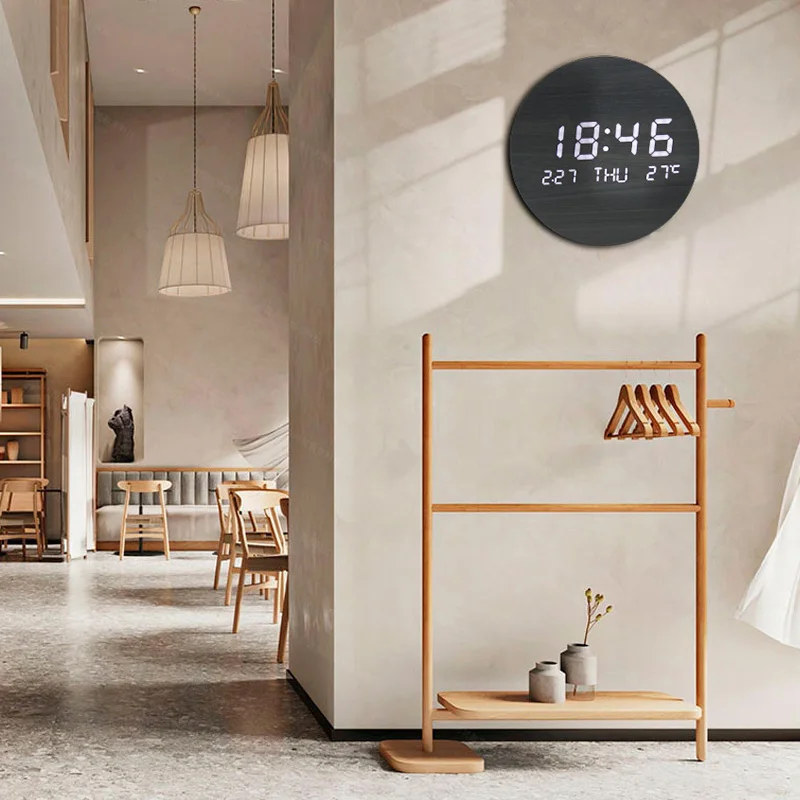EMAF New arrival creative modern design temperature calendar wireless big digital display logo wooden wall clocks for Livingroom