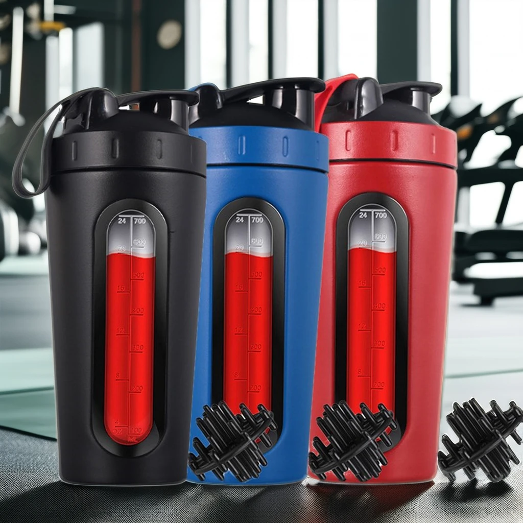 Custom Logo 700ML Shaker Bottle Visual Level Window 304 Stainless Steel Direct Drinking Protein Powder Mixing Adults Gym