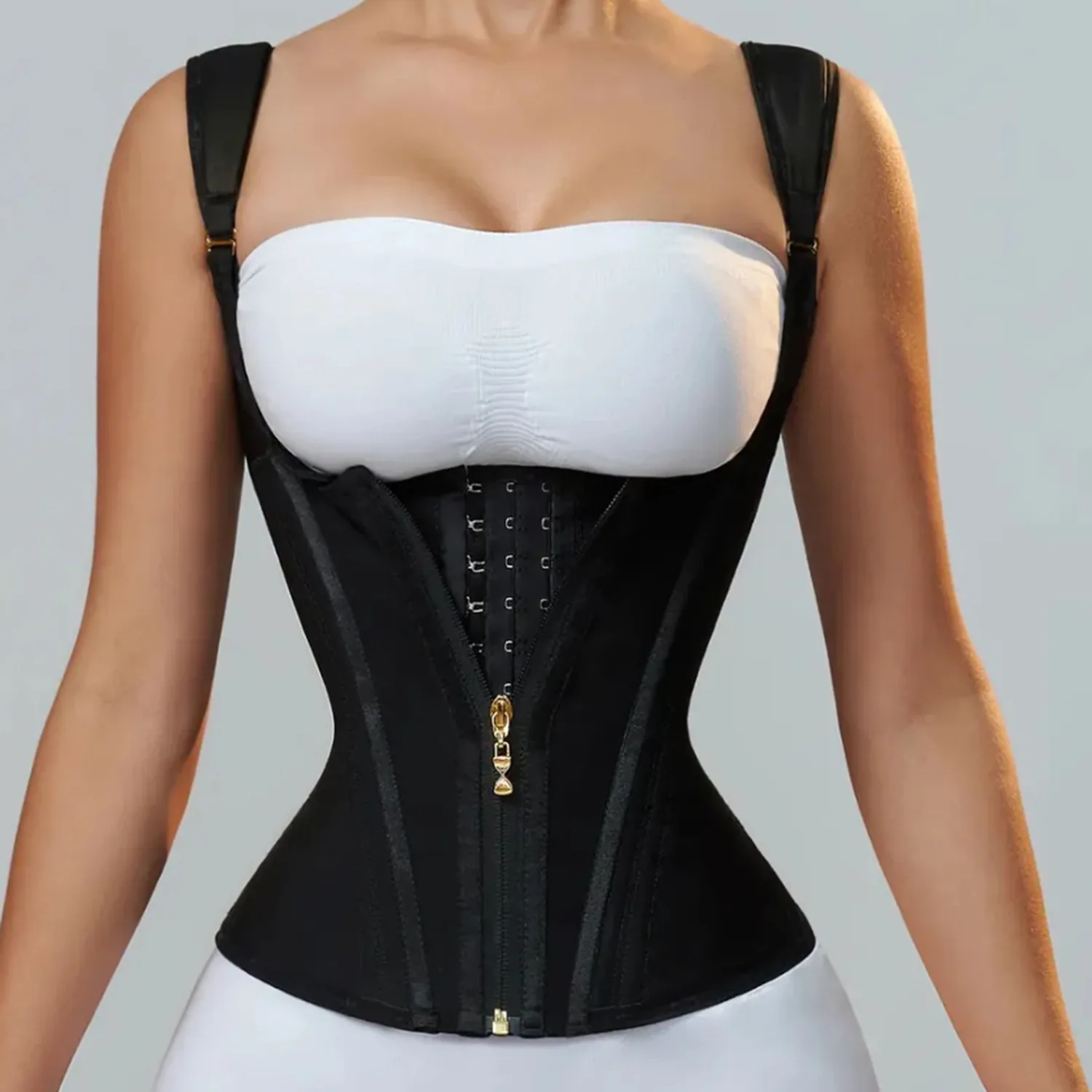 Custom Private Label Double Compression Adjustable Zipper Tummy Wrap 15 Steel Bone Abdomen Corset Vest Waist Trainer Shaper