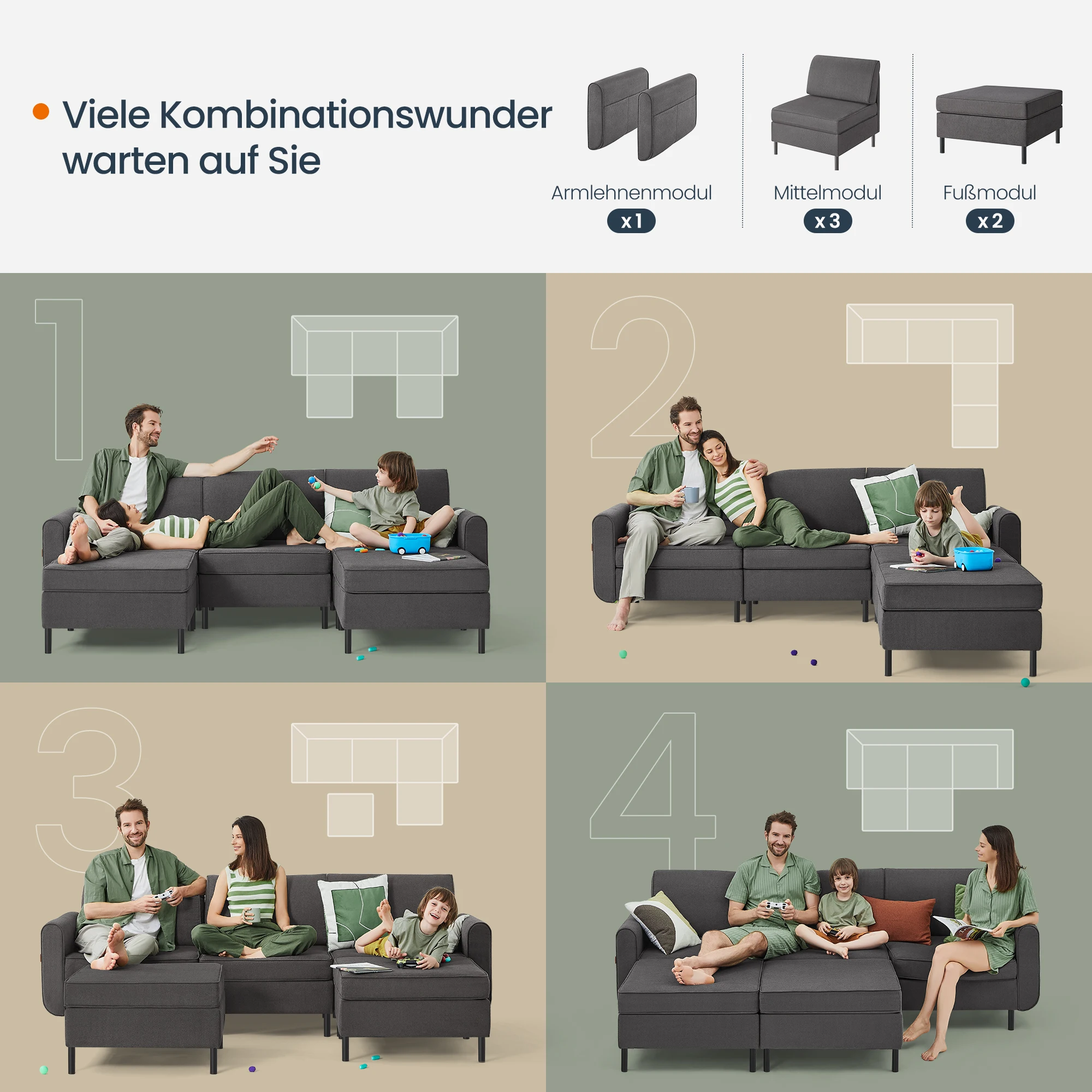 VASAGLE 5 Seat Sectional Sofa Set U Shaped Couch Upholstery Fabric Classic Sofa Multi-function Home Living Room Furniture