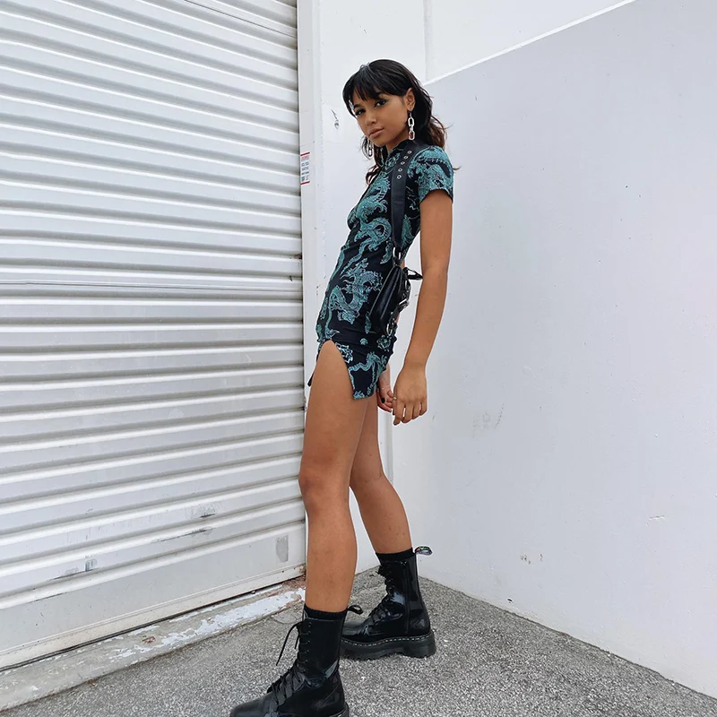 D1736869 Traditional female slim cheongsam ropa mujer summer sexy hollow out printing banquet suit mini dress