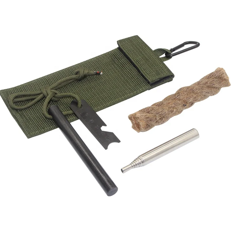Emergency Fire Starter Kit Tactical Survival Fire Tool Set Paraffin Hemp Tinder with Nylon Hanging Pouch