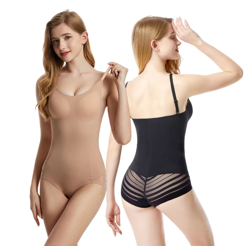 Traceless Women Tummy Control Bodysuit Shaper Seamless Bodybriefer Shapewear with Removable Bra Comfortable Wireless One-piece
