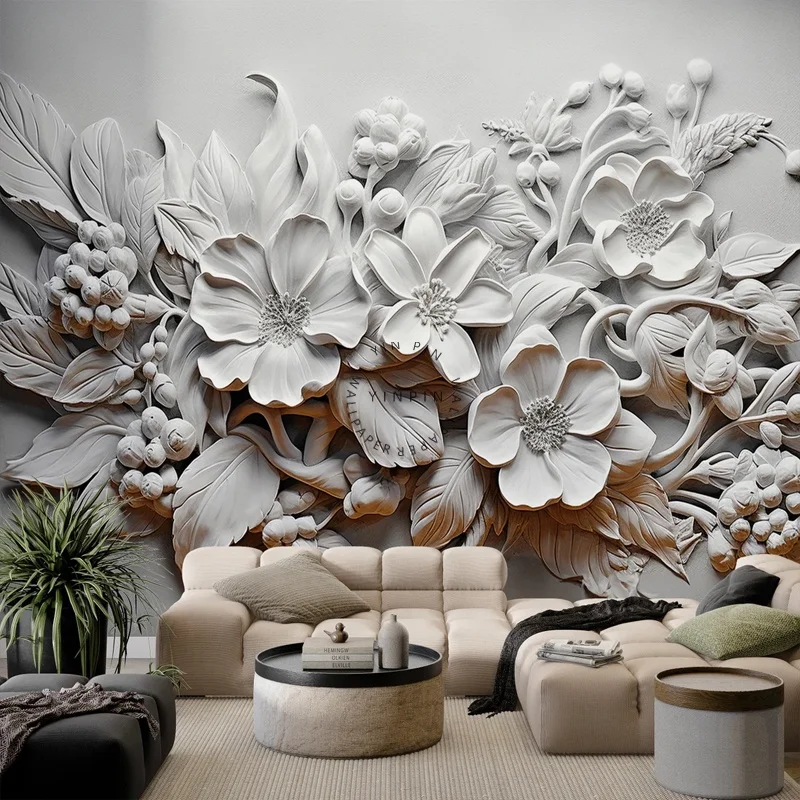 3D floral gypsum sculpture relief wall paper 3d for living room