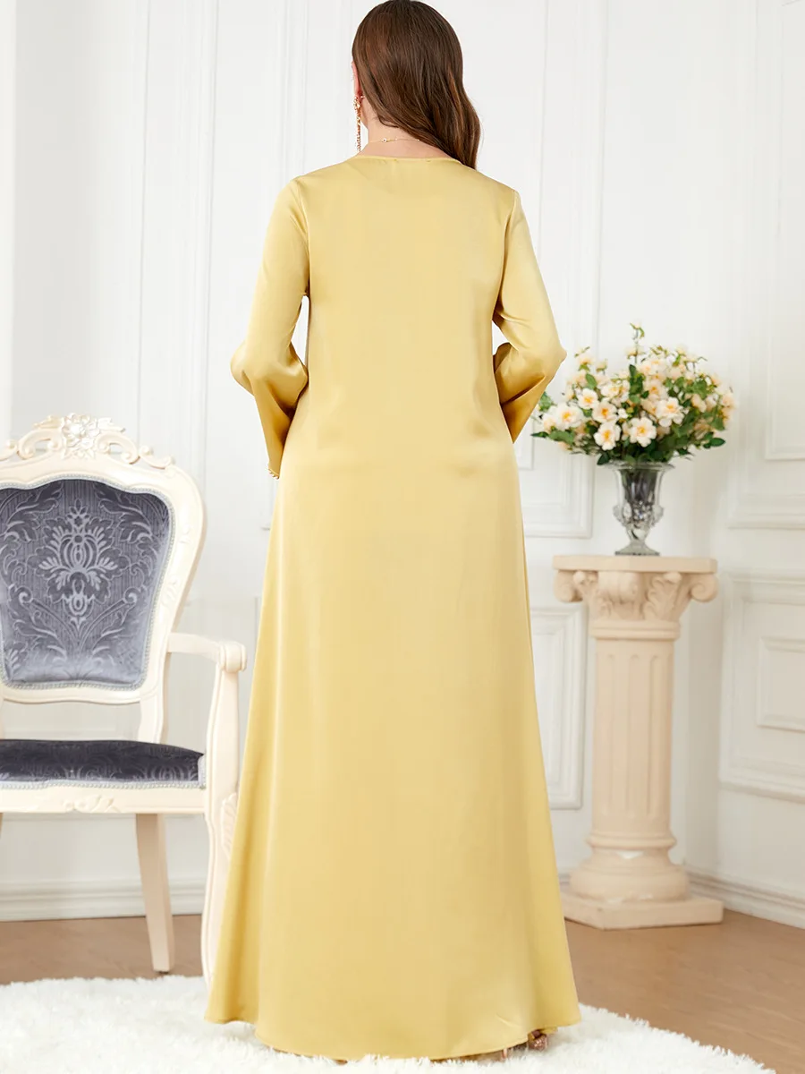 3287Soild O Neck Abaya Women Gold Colours Embroidery Luxury Muslim Dresses Classic Muslim Dress Indonesia