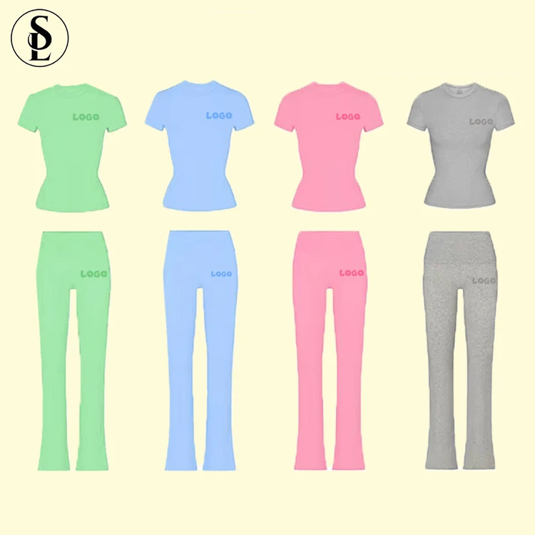 2024 Fold Over Flared Leggings Set Custom LOGO Women Sets High Quality Cotton Shirts Clothing Women Two Pieces Loungewear Sets