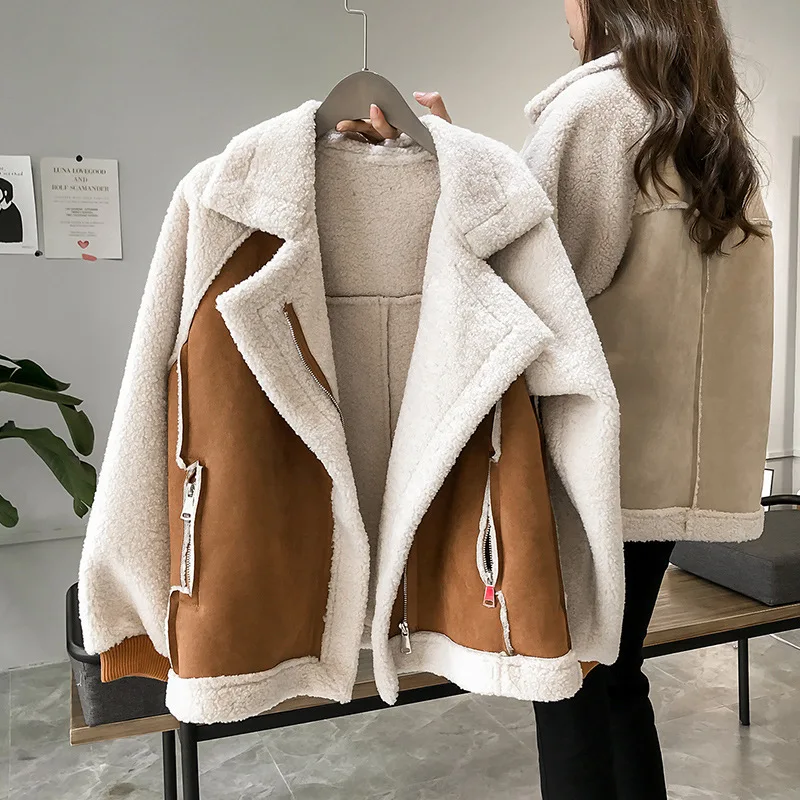 Wholesale High Quality Winter New Loose Suede Coat Warm Bomber Coat Fleece Sherpa Zip Up Casual Motorcycle Jacket