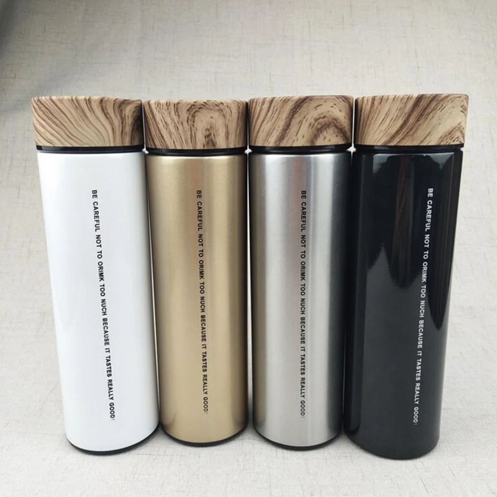Stainless Steel  Water Bottle Double Wall  Insulated Vacuum Flask Thermal cup with Tea Infuser Wood Grain Lid Thermos bottle