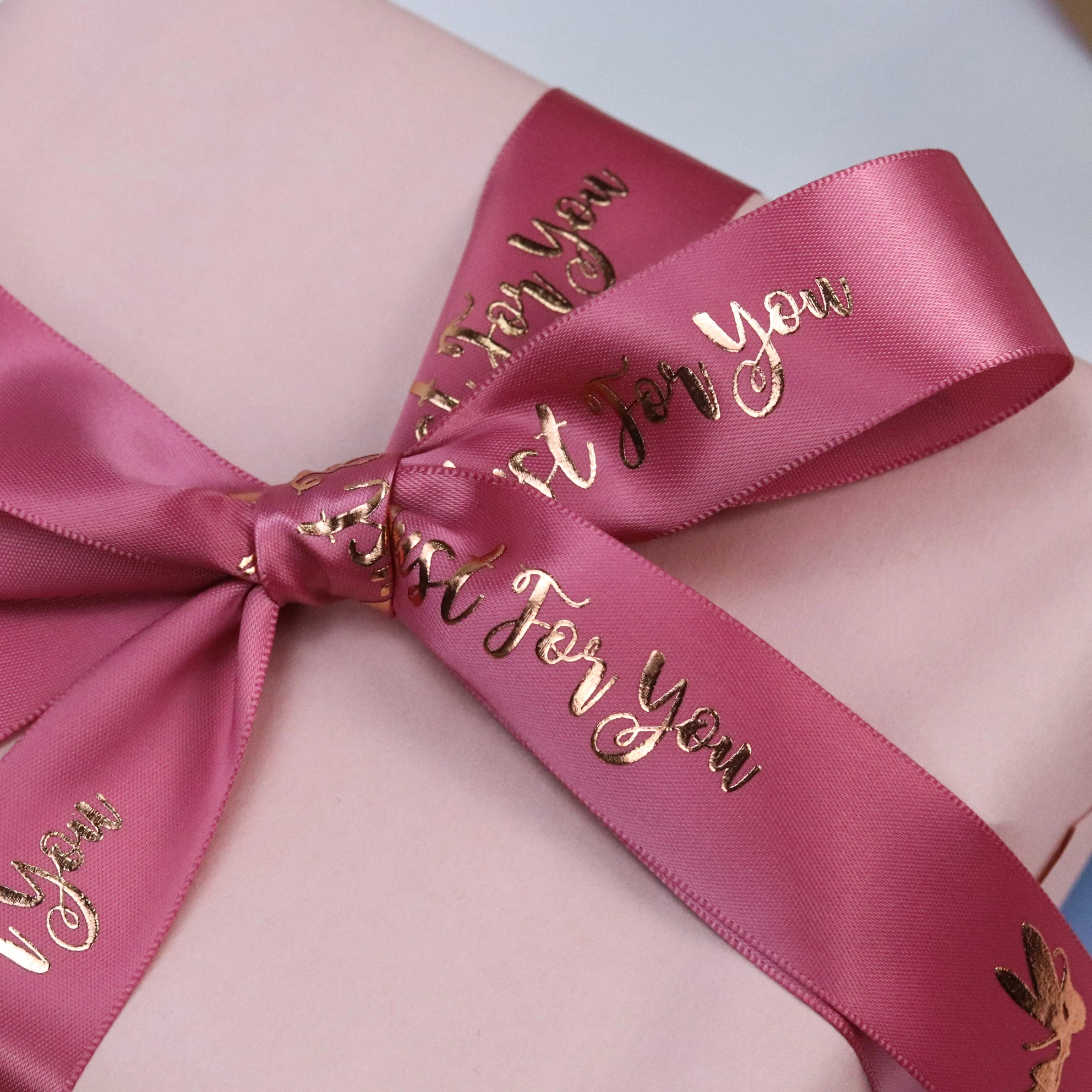 Factory Custom Rose Gold Print ribbon with logo Business Name 1 Inch Polyester Dusky Pink Satin Ribbon