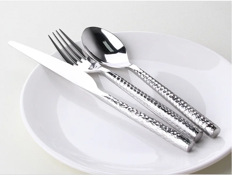 High Quality Stainless Steel 18/8 Kitchen Fork Spoon Knife Flatware Metal Hammered Cutlery Sets On Sale with Box