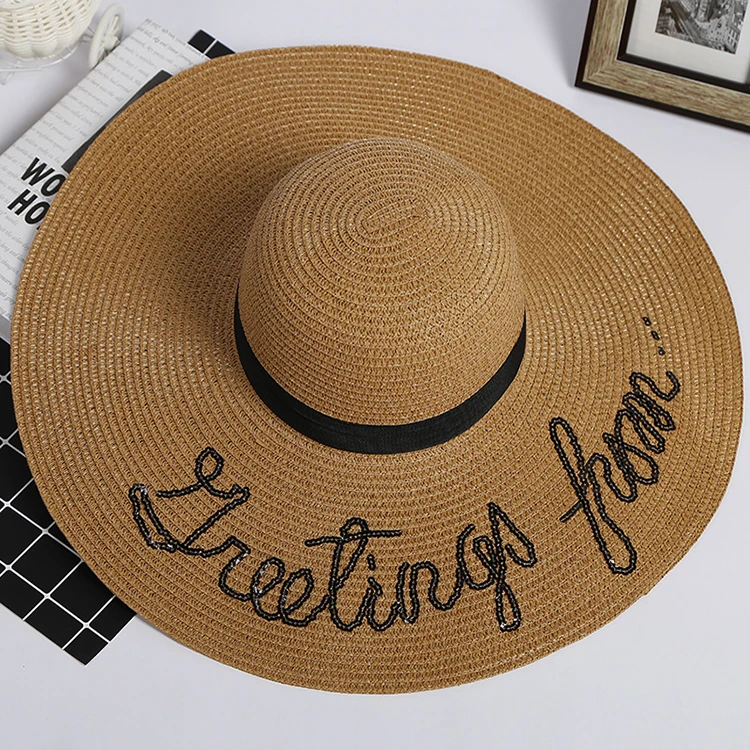 factory pink large brim paper straw beach straw hat with sequins female summer foldable sun hat with uv protection for women