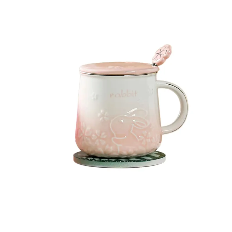 2023 New Cute Girl Heart Ins Rabbit Ceramic Mug Creative Embossed Coffee