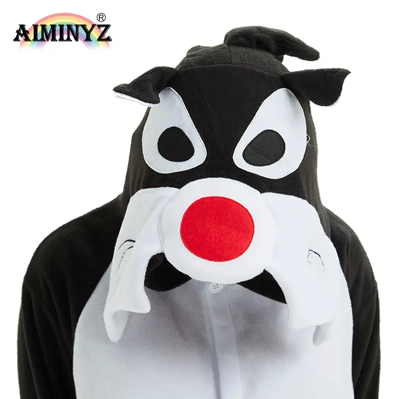 AIMINYZ Winter Animal Pyjamas Polar Fleece Hoodie Sleepwear Pajamas For Women Wolf Black Adult In stock Onesie Loose Costume