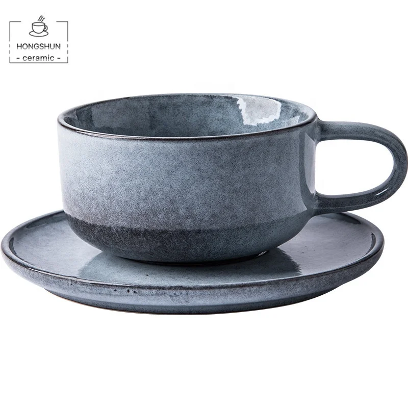 
European-style Luxury Glossy Drinkware Grey Ceramic Coffee Tea Cups with Saucer 