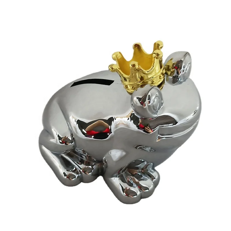 Metal money box frog chrome plated piggy bank with gold crown