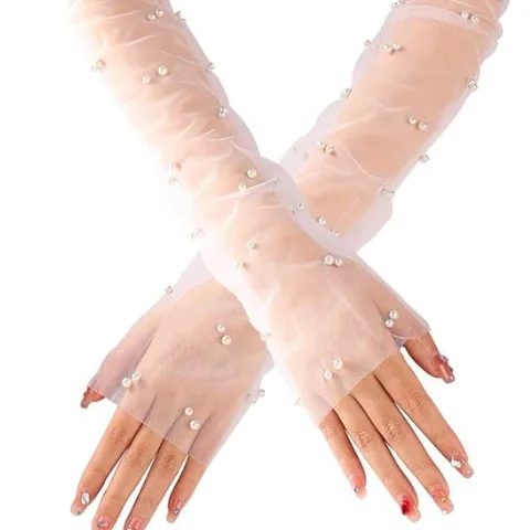 Long Wedding Gloves White Pearl Bridal Gloves Elbow Fingerless Gloves for Women and Girls