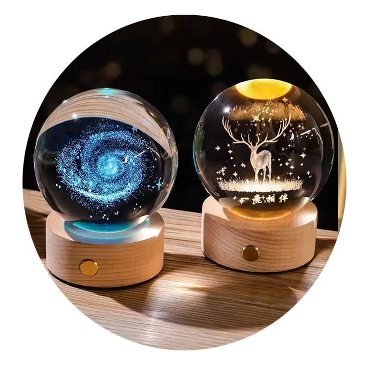 6cm 8cm 3D Crystal Ball Crystal Moon Planet Night Light Galaxy Crystal Ball Table Lamp With Full Colors Charging Touch Base