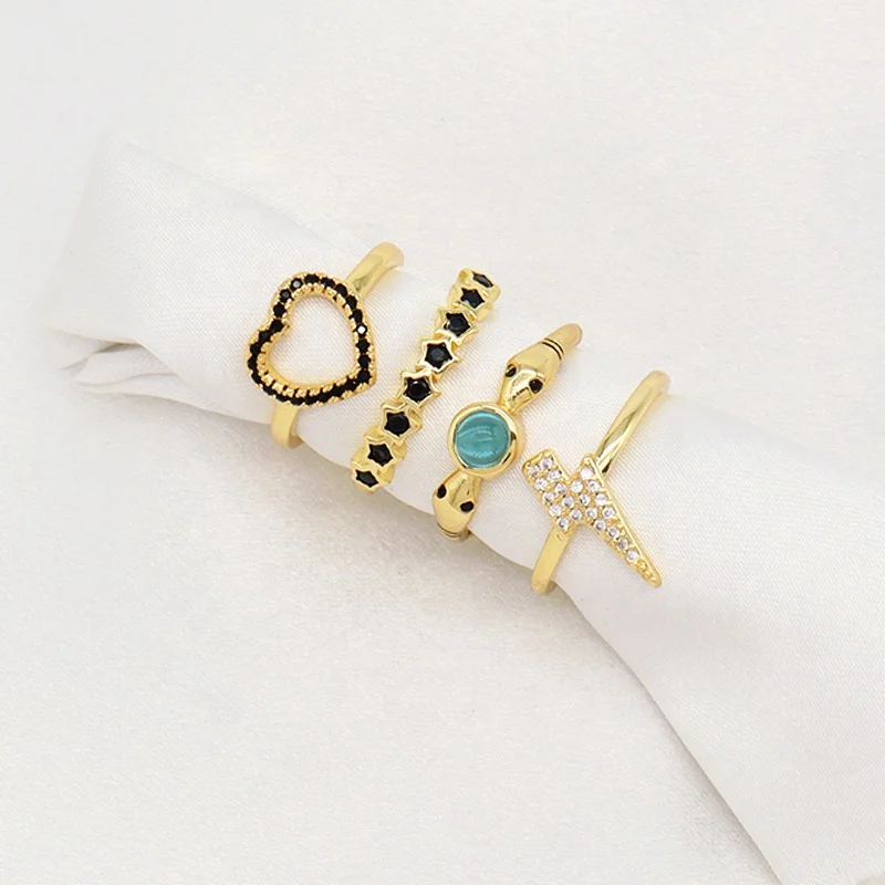 Wholesale Factory Heart Shape Two snake Finger Ring Opening Adjustable Gold Plated Heart Star Lightning Snake Ring For Women
