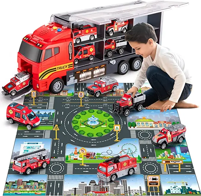 Die-cast Emergency Fire Rescue Vehicle Transport Car Toy Set w/Play Mat, Alloy Metal Fire Truck Toys Set