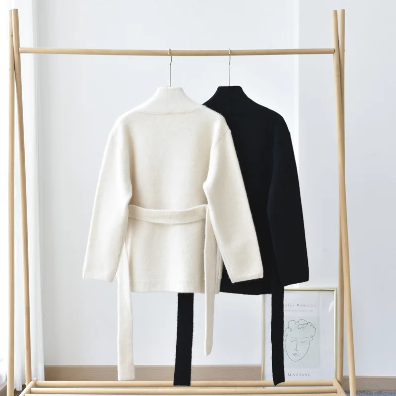 Factory wholesale wool alpaca Cardigan with belt women long sleeve soft hand Knitted Jacket Fall Winter Warm Coat for Ladies