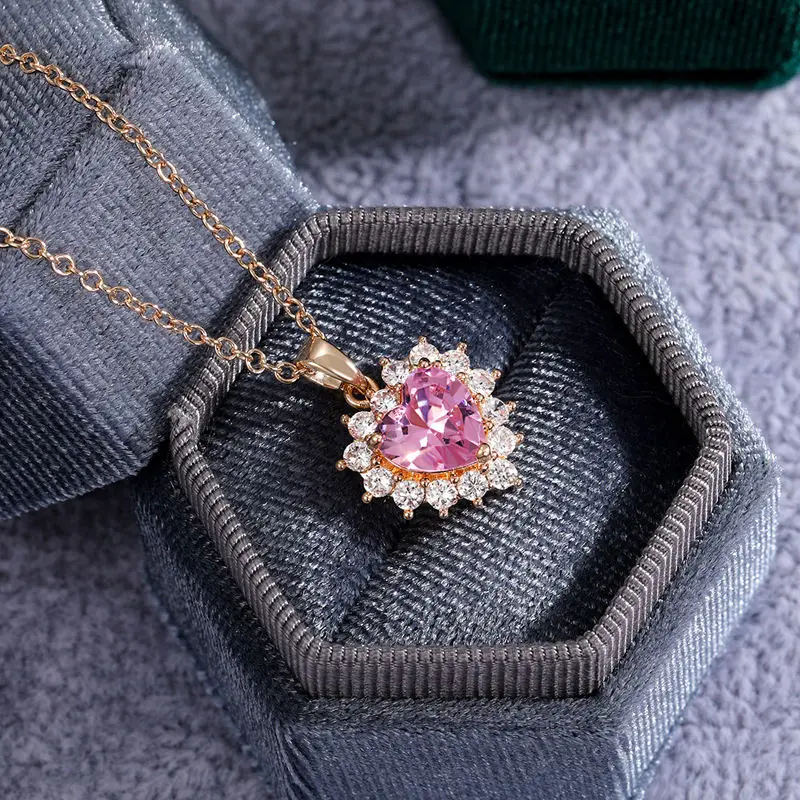 Blues wholesale copper jewelry gold plated Pink Diamond brass small crystal Heart shaped Pendant Necklace with free chain