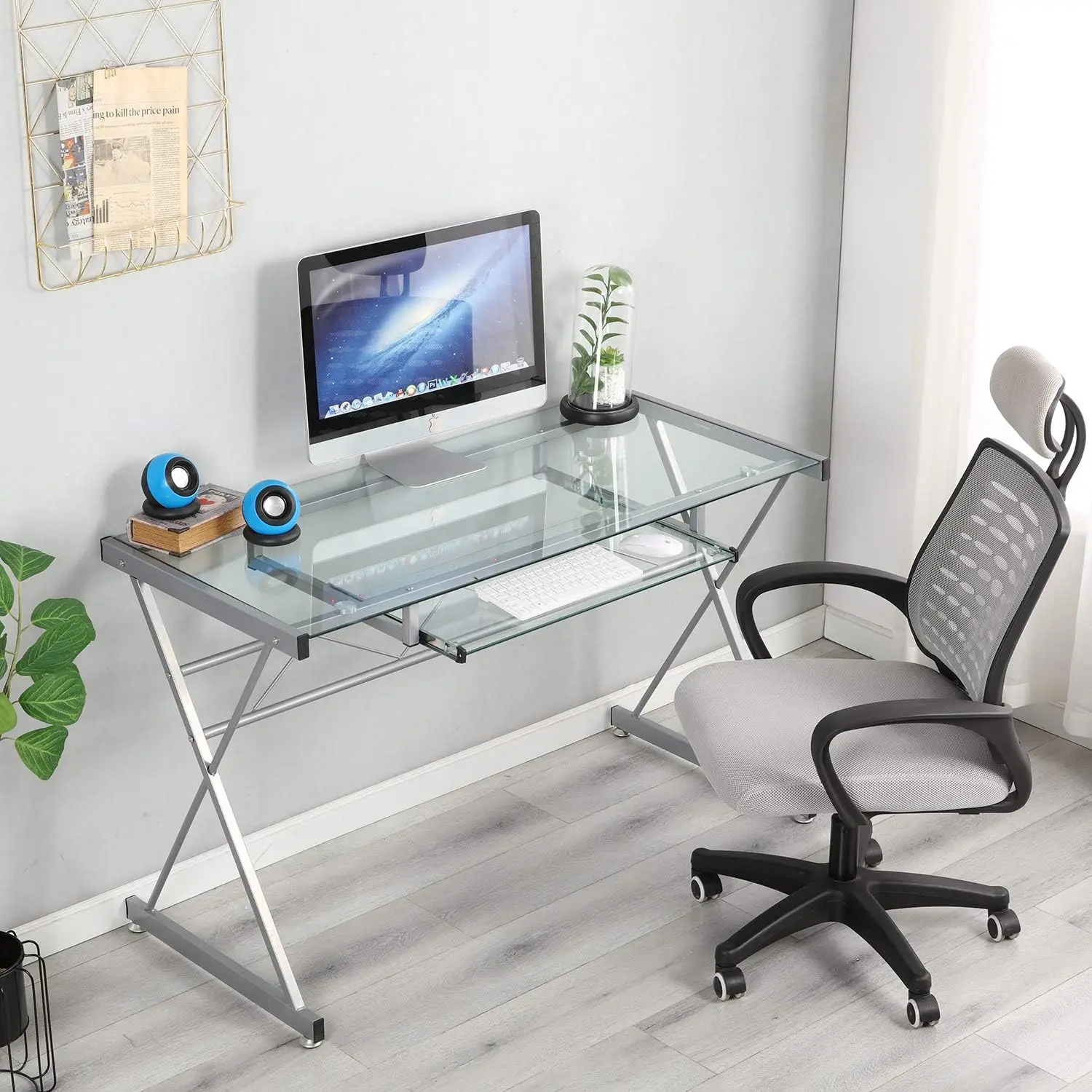 L Shaped Glass Table Office Computer Desk with Drawers