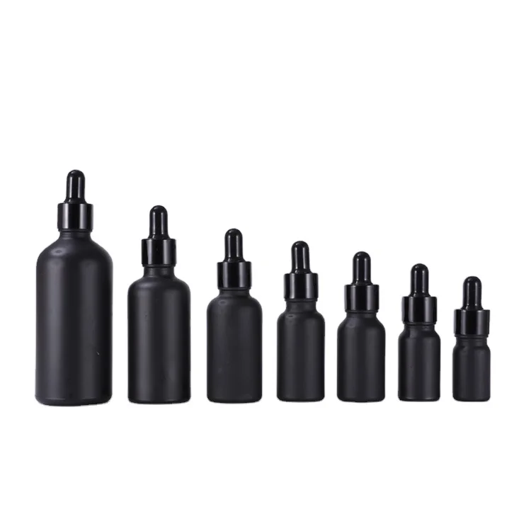 IBELONG Supplier 5ml 10ml 15ml 20ml 50ml 100ml Black Frosted Glass Cosmetic Serum Oil Dropper Bottle Flask with Black Dropper