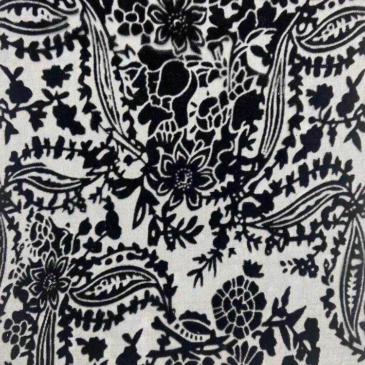 Classic burnout 80% rayon 20% nylon knitted black flower velvet burn out mesh fabric for lady dress