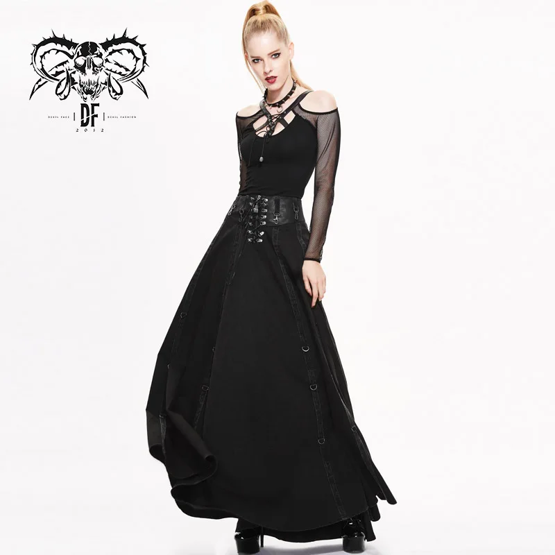 SKT017 devil fashion summer daily punk versatile sexy flowing  black long half skirts with belts