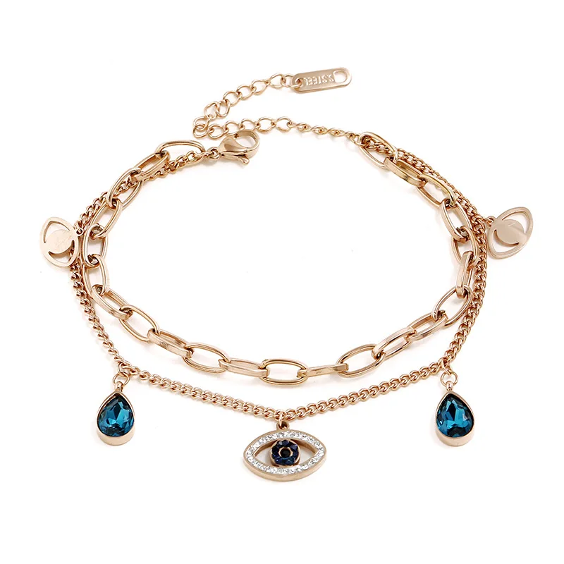 Fashion Gold Plated Double Layer Water Drop Sapphire Turkish Eyes Bracelet Stainless Steel Crystal Evil Eyes Charm Bracelet