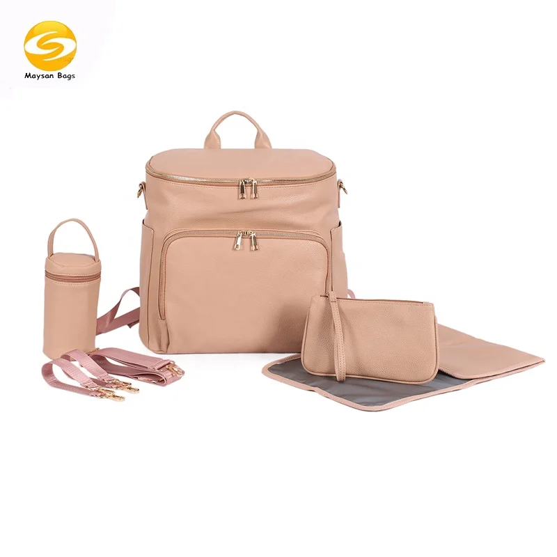 Pink vegan leather diaper bag multifunction baby bags for mom and dad non smell changing bags with changing mat & stroller strap