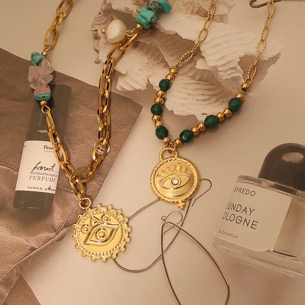 18K Gold Plated Necklace with Disc Eye mixed color diamond ring  Pendant Chic Green Bead Non Tarnish Necklace for Women
