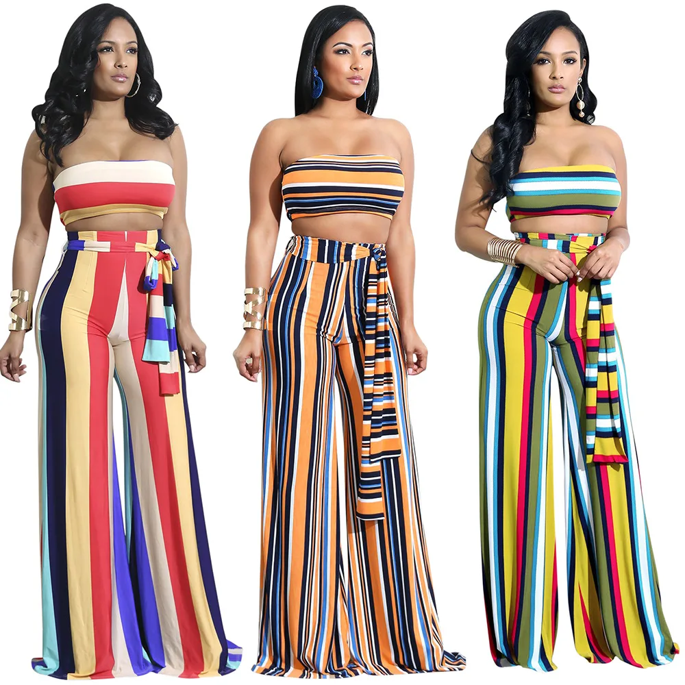 Summer Rainbow Stripe Two Piece Set Women Clothing casual dress