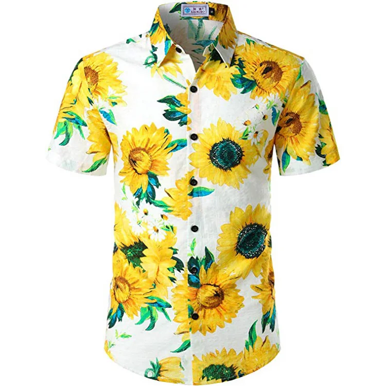 Китай поставщик подсолнечника печатных короткий рукав праздник Пляж Повседневная рубашка