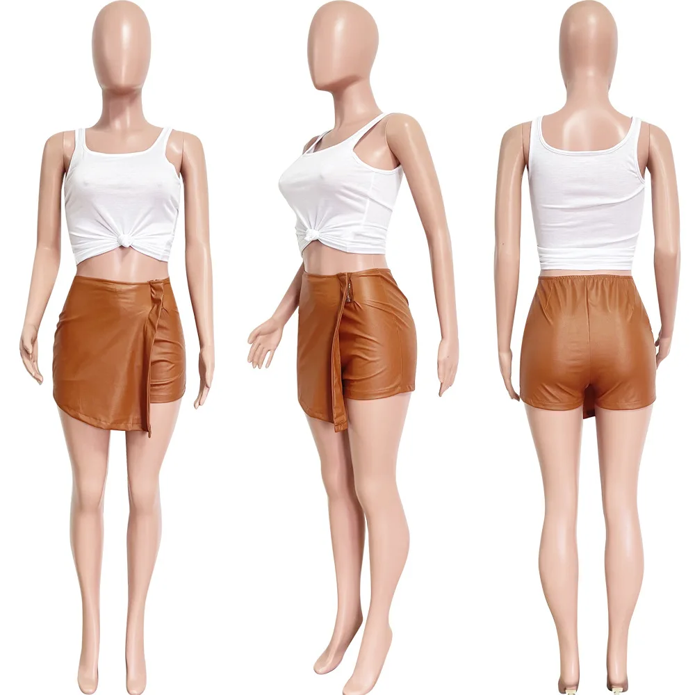 2022 PU Leather Shorts 2 in 1 Design Mini Shorts with New Brown Skirt Shorts Women