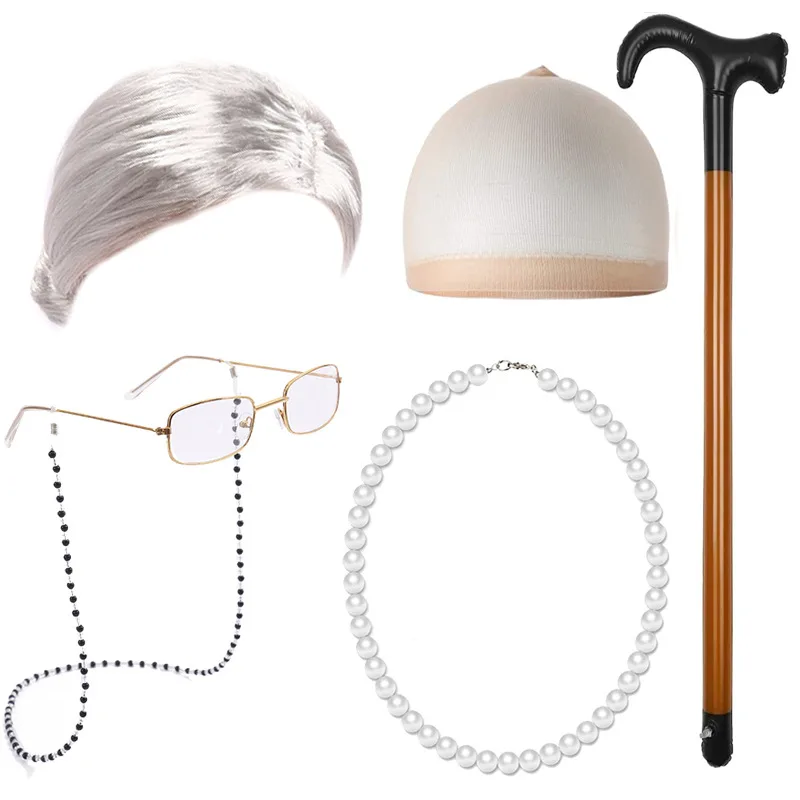 Grandma Cosplay Set Funny Old Lady Dress up With Wig Caps Pearl Necklace Eye Glasses Chain Realistic Granny Costume for Kid Girl