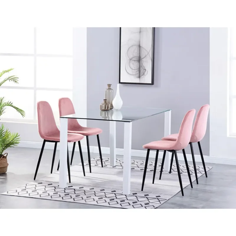 Small Space Kitchen Dinette Rectangular Modern Clear Glass Dining Table And Fabric Chairs Set For 4 People