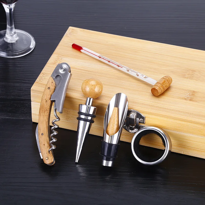 4 pcs Bar Tools Wine Bottle Corkscrew set Bamboo Wine Opener Set Gift Box in Bamboo Wooden Box