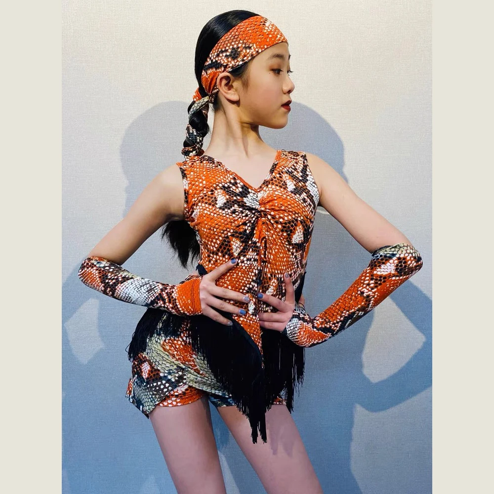 Children latin dance skirt practice clothes fashion stretch girls professional fringed skirt dress suit
